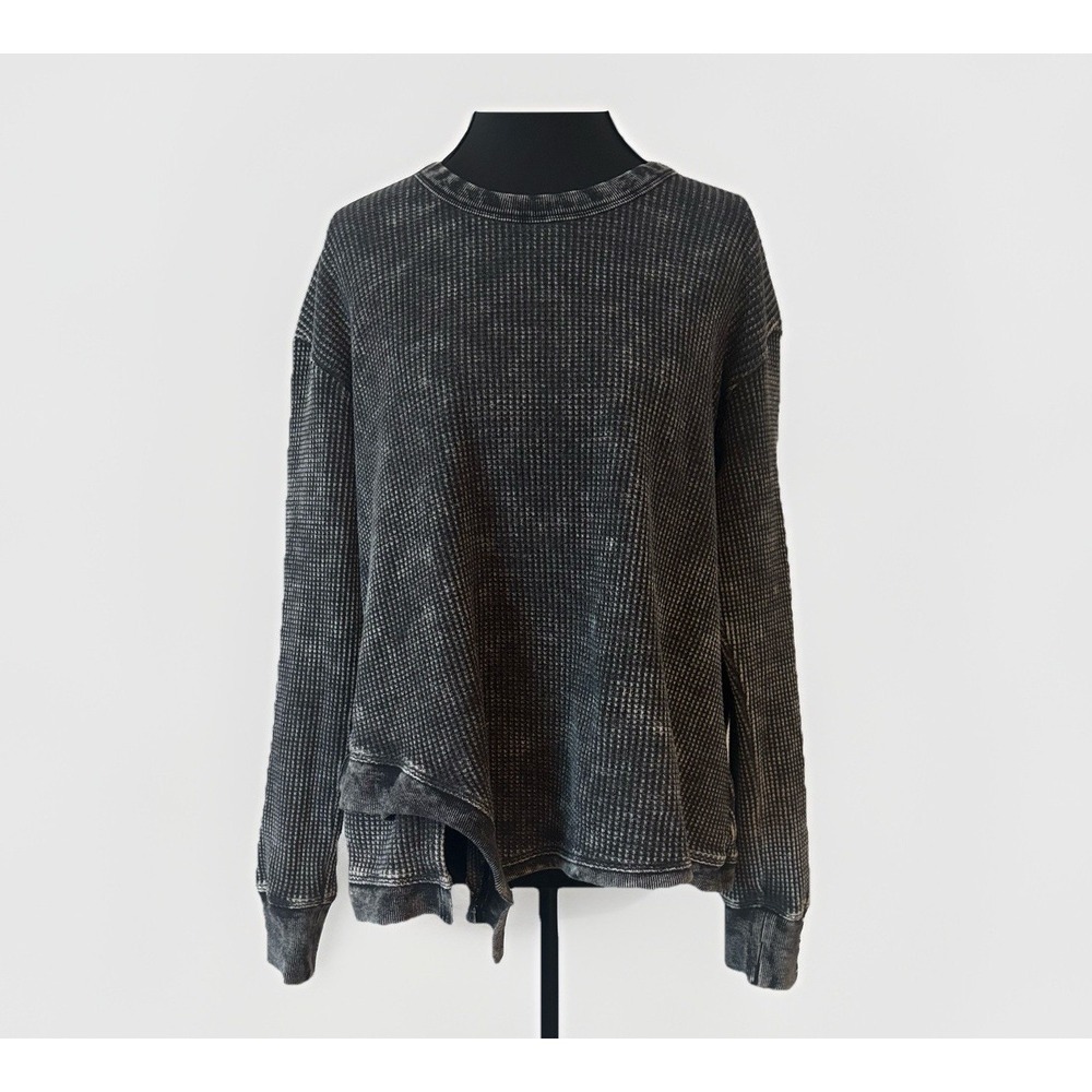 Splendid Womens Thermal Top Acid Wash Black Waffle Knit Size L Grunge Whimsigoth